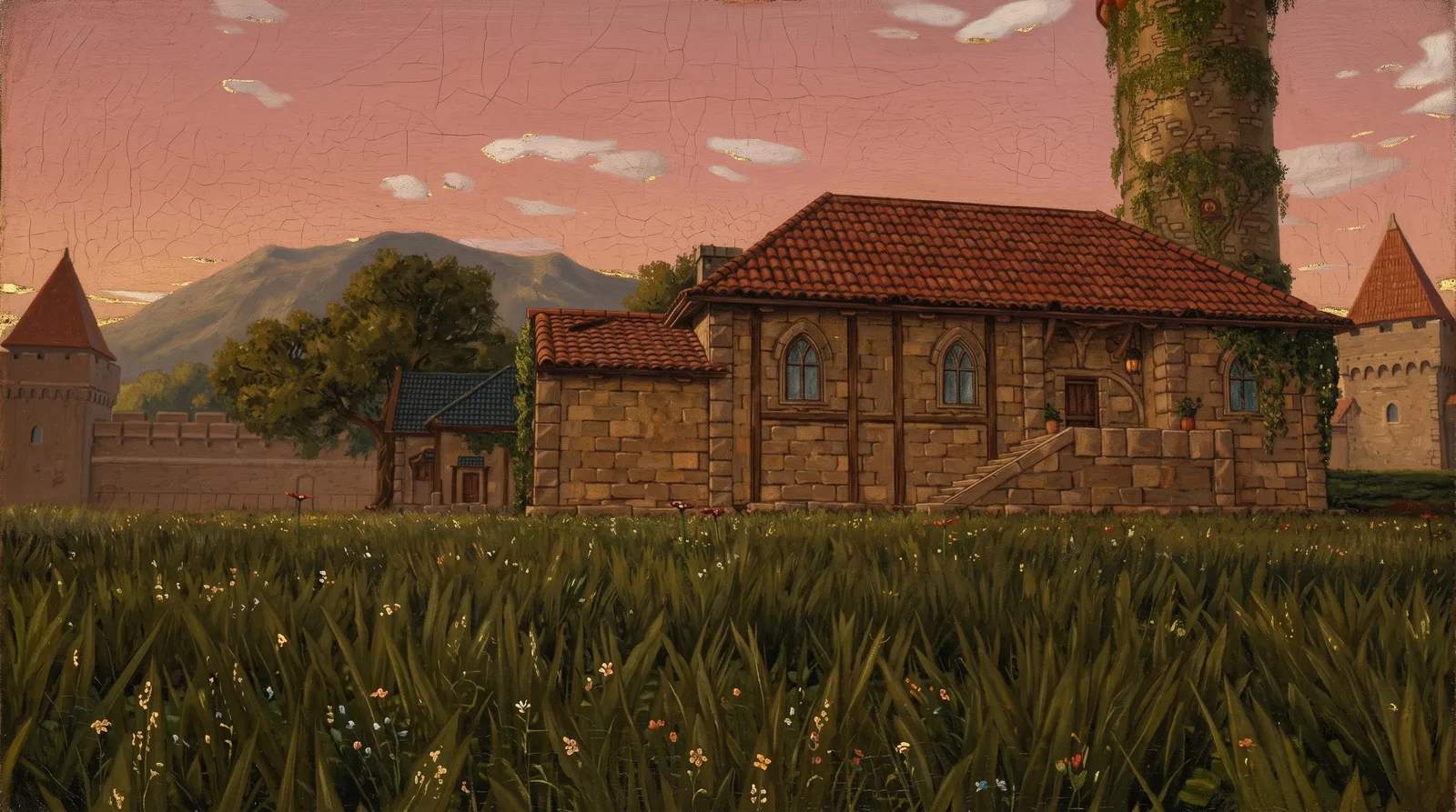 Dusk over the town, the wizard's tower rising behind a stone house