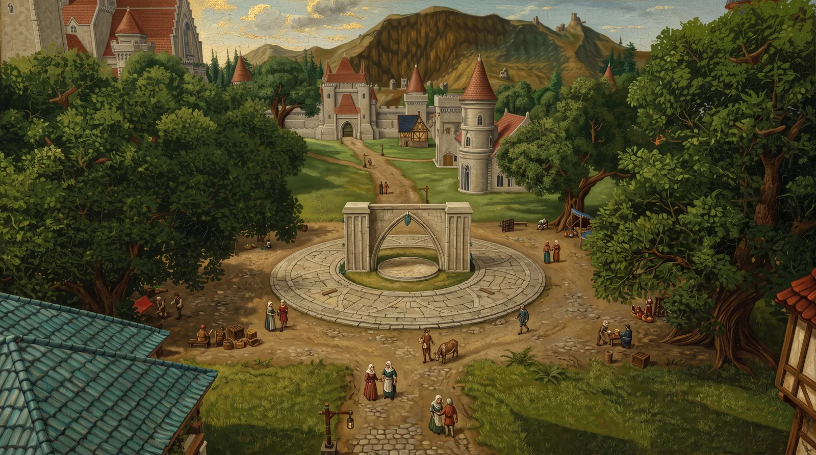 A painting of the Keystone Arch in Aldermere's town square, villagers about, the castle on the hill behind